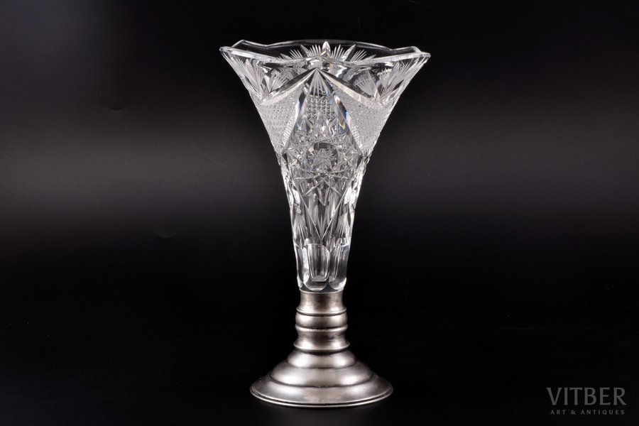 a vase, silver, 800 standard, crystal, h 25 cm, Hungary, micro chip on the edge of vase