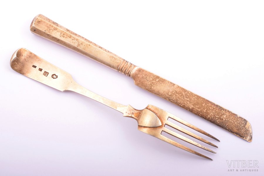 set, fork, knife, silver, 84 standard, 95.55 g, gilding, 16.9 - 18.7 cm, 1825, Moscow, Russia