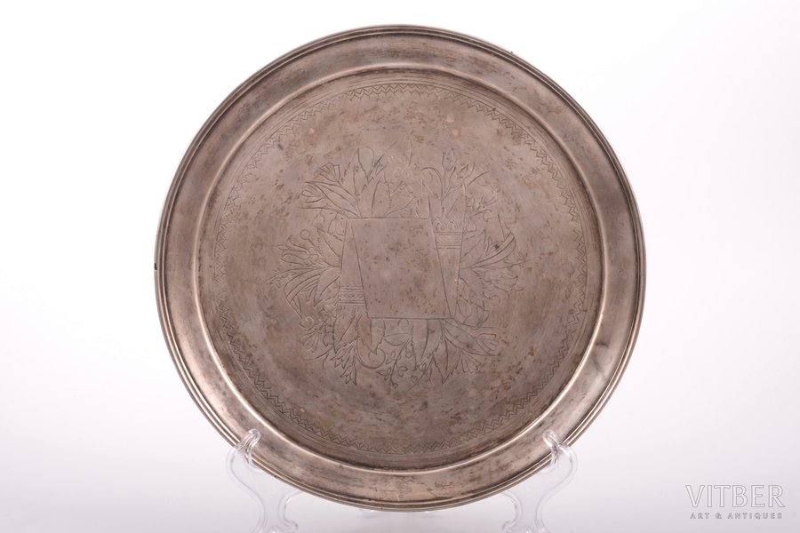 tray, silver, 84 standard, 362.80 g, engraving, Ø 24.9 cm, P. Milyukov workshop, 1893, Moscow, Russia, traces of everyday use - insignificant dents on the edges