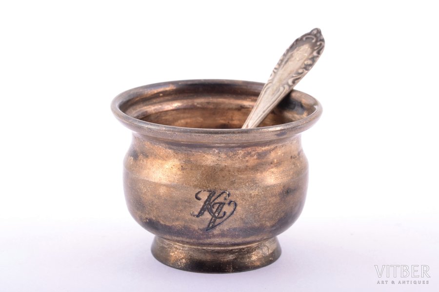 mustard pot with spoon, silver, 875 standart, the 20-30ties of 20th cent., 24.70 g, Latvia, Ø 4.5 cm, spoon 6.1 cm, in a box