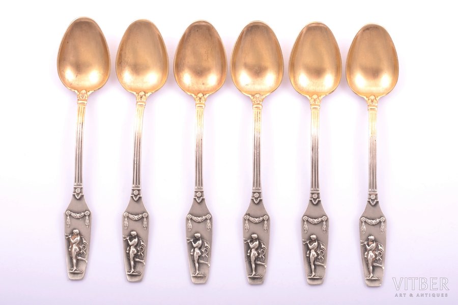 set of 6 coffee spoons, silver, 84 ПТ standard, 57.9 g, gilding, 9.5 cm, 1896-1907