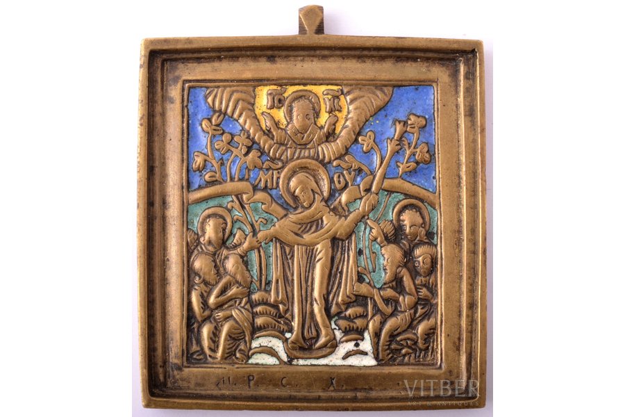 icon, Mother of God Joy of All Who Sorrow, copper alloy, 4-color enamel, by Rodion Khrustalev, Russia, the end of the 19th century, 6.3 x 5.4 x 0.5 cm