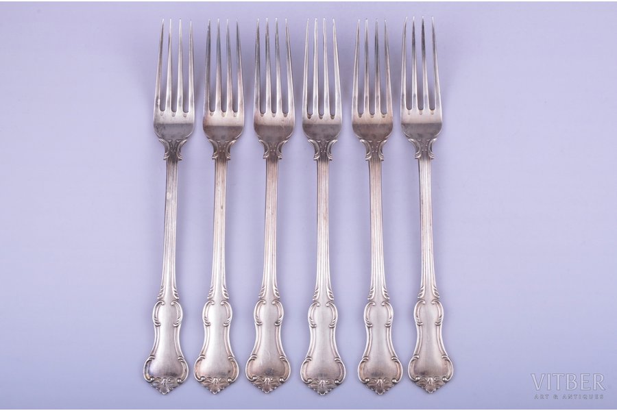 set of 6 forks, silver, 875 standard, 430.80 g, 22 cm, the 30ties of 20th cent., Latvia
