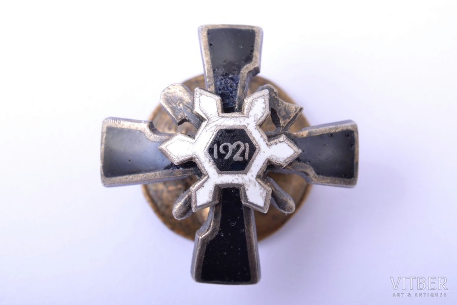 miniature badge, Engineer-sapper regiment, Latvia, 20-30ies of 20th cent., 21.5 x 21.2 mm, enamel defect