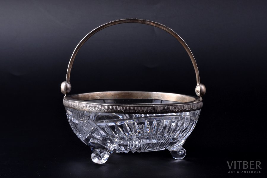 sugar-bowl, silver, 875 standard, crystal, Ø 11.8 cm, h (with handle) 12 cm, the 30ties of 20th cent., Latvia