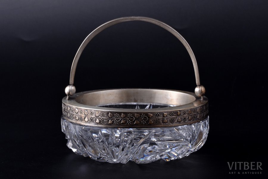 sugar-bowl, silver, 875 standard, crystal, Ø 10.3 cm, h (with handle) 10 cm, the 20ties of 20th cent., Latvia, small chips - traces of everyday use; dent on the handle