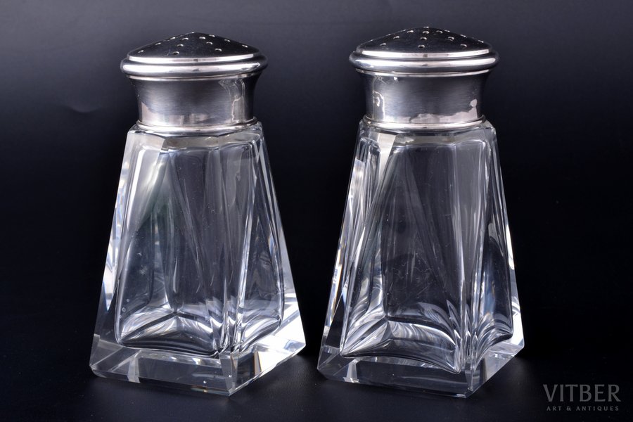 pair of saltcellars, silver, 950 standard, total weight of lids 96.60, glass, h 12 cm, France