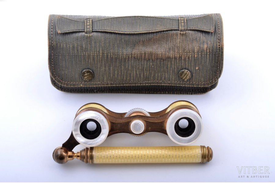 binoculars, in a case, brass, nacre, enamel, enamel defect on the handle
