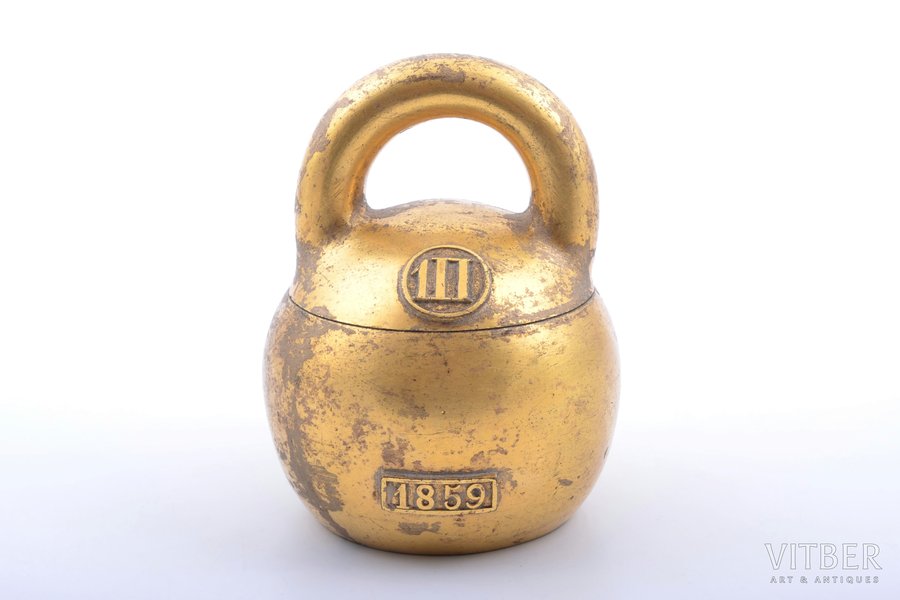 гиря, бронза, позолота, Российская империя, 1859 г., 11.5 x 9.1 x 8.9 см, вес 832.20 г