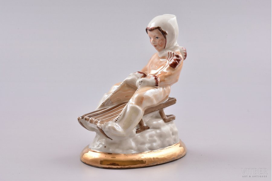 figurine, Girl on a sleigh, porcelain, Riga (Latvia), USSR, Riga porcelain factory, molder - Zina Ulste, 1955, 12.2 cm