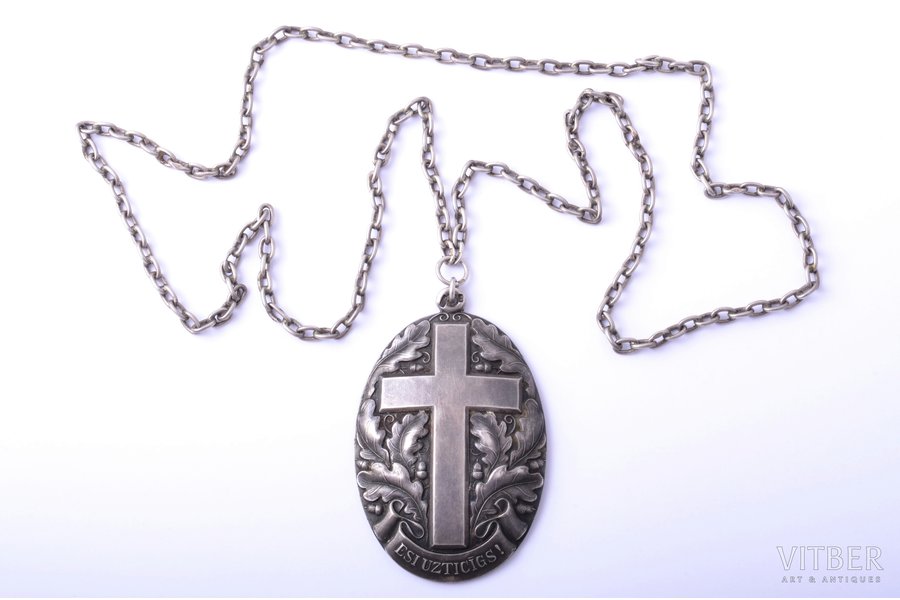 titular badge, Сhurchwarden, "Esi uzticīgs!" ("Be faithful"), Evangeline-Lutheran community in Drusti, silver, 875 standard, Latvia, the 30ies of 20th cent., 82.3 x 53.2 mm, silver chain (875 standard), total weight (with chain) 100.60 g