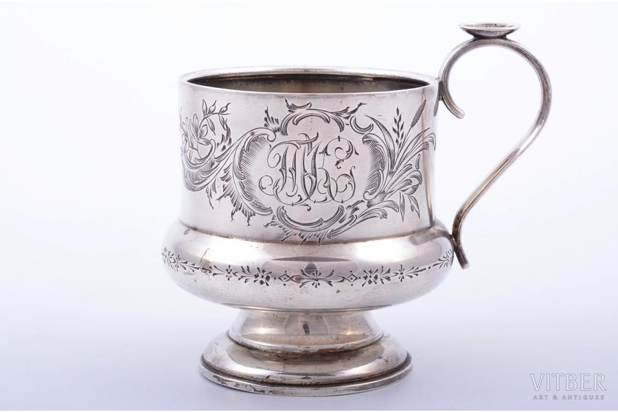 tea glass-holder, silver, 84 standard, 147.75 g, engraving, h (with handle) 9.3 cm, Ø (inside) 6.5 cm, 1896-1907, Moscow, Russia