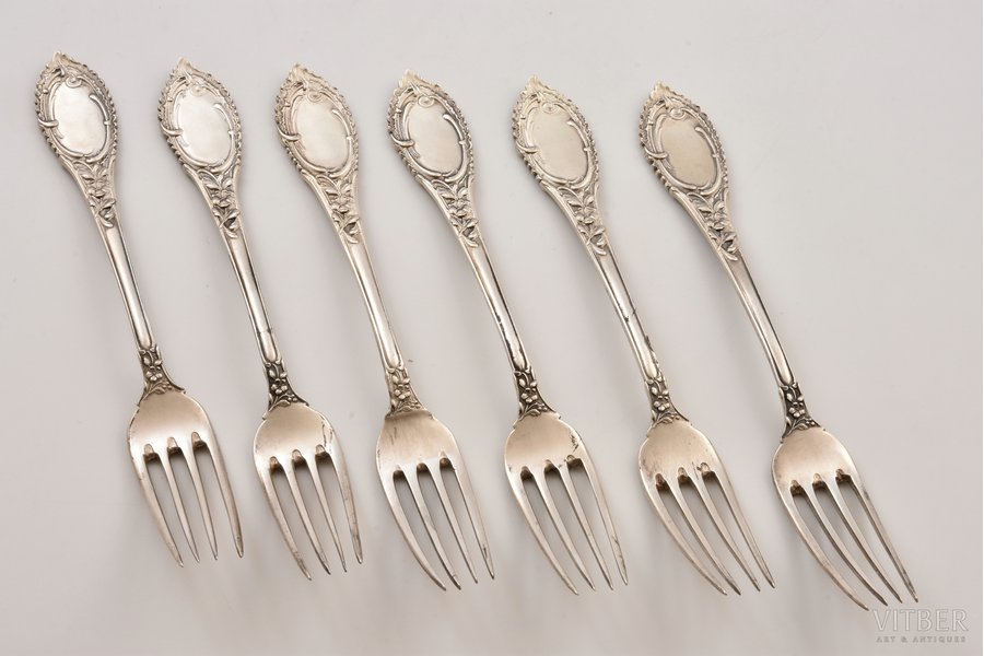 set of 6 forks, silver, 84 standard, 526.50 g, 21.5 cm, factory of Klingert Gustav Gustavovich, Russia