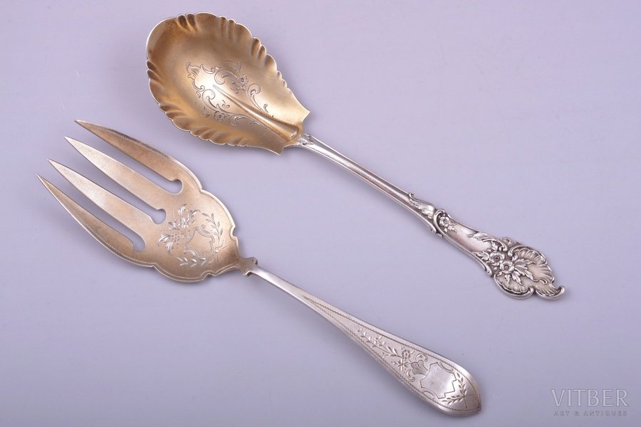 set of 2 flatware items, silver, 84 ПТ standard, 101.40 g, engraving, 19.2 / 19.7 cm