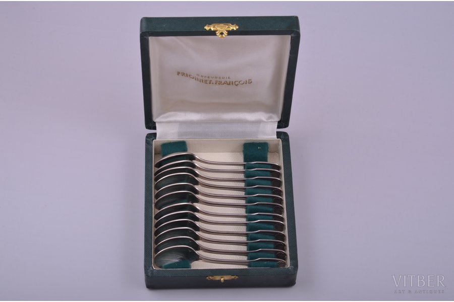 set of 12 coffee spoons, Francois Frionnet, silver plated, metal, France, 10.8 cm, in a box