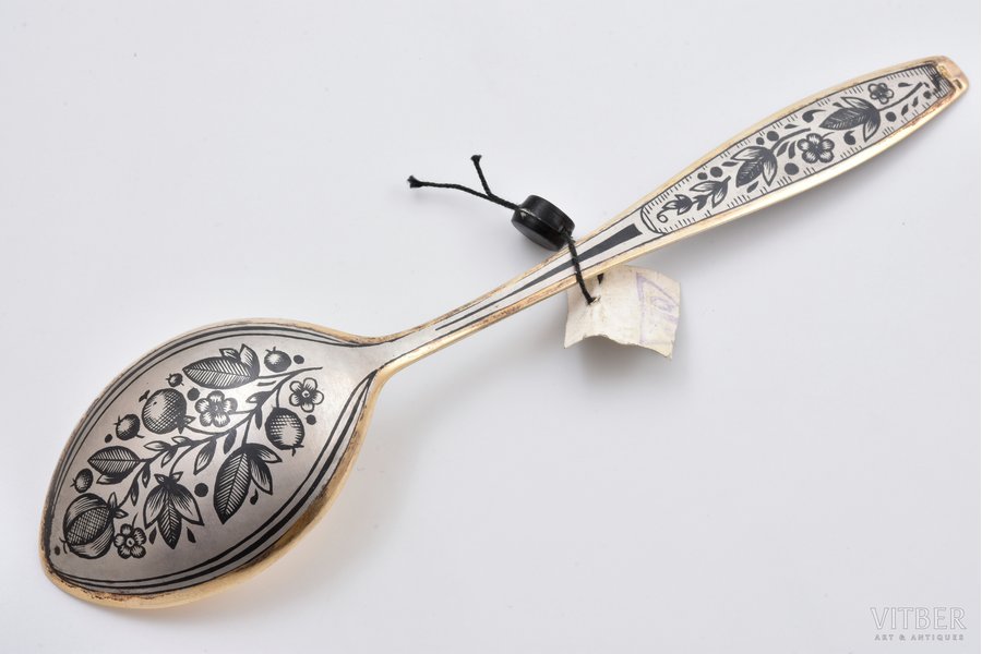 spoon, silver, 875 standard, 59.30 g, niello enamel, gilding, 19.6 cm, artel "Severnaya Chern", 1973, Leningrad, USSR
