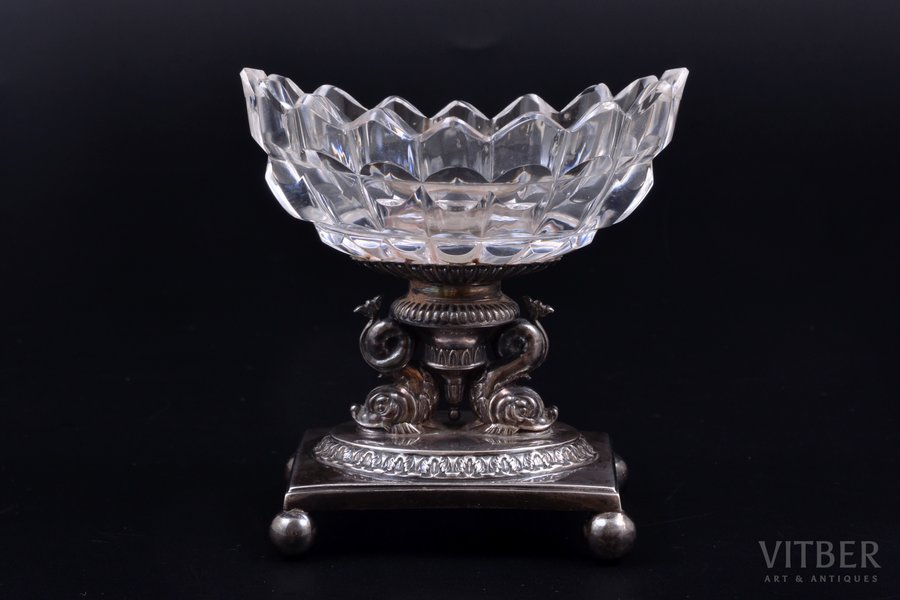 caviar server, silver, 950 standard, total weight of item 158.30, glass, h 9 cm, 1819-1838, France, chip on the edge