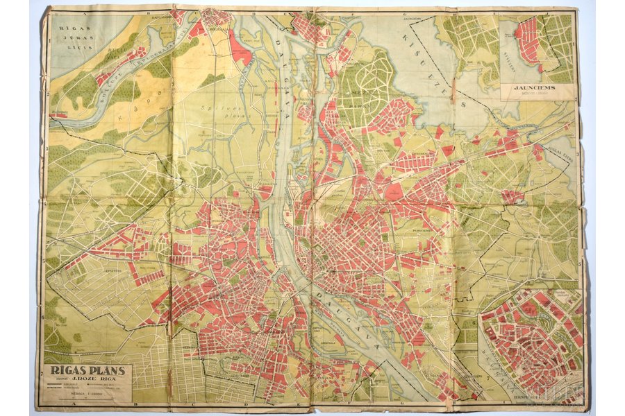 map, Riga plan, published by J. Roze, Latvia, 20-30ties of 20th cent., 66 x 88.5 cm, torn and glued along folding lines