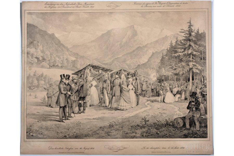 Par piemiņu Krievijas imperatores vizītei uz Bad Kreuth 1838. gadā, papīrs, grafika, 29.6 x 42.1 cm, izdevējs Christian Weifs, Vircburgā