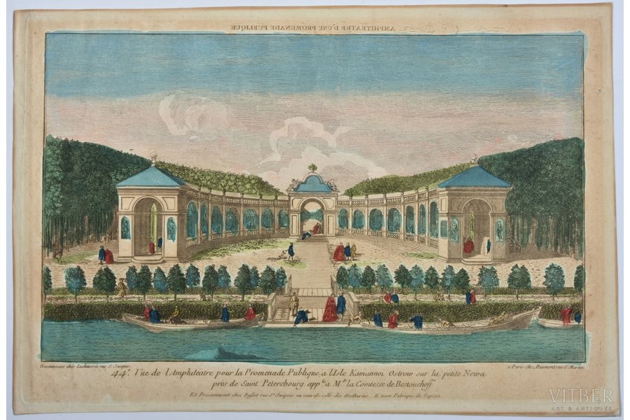 A view of the Amphitheatre for Public Promenade at the island Kamannoi Ostrow on the small Newa near Saint Petersburg, Russia, end of the 18th century, paper, engraving, 24.4 x 39.9 cm, optical print, also called "vue optique" or "vue d'optique", which were made to be viewed through a Zograscope, or other devices of convex lens and mirrors, all of which produced an optical illusion of depth. Engraving/etching with original hand colouring