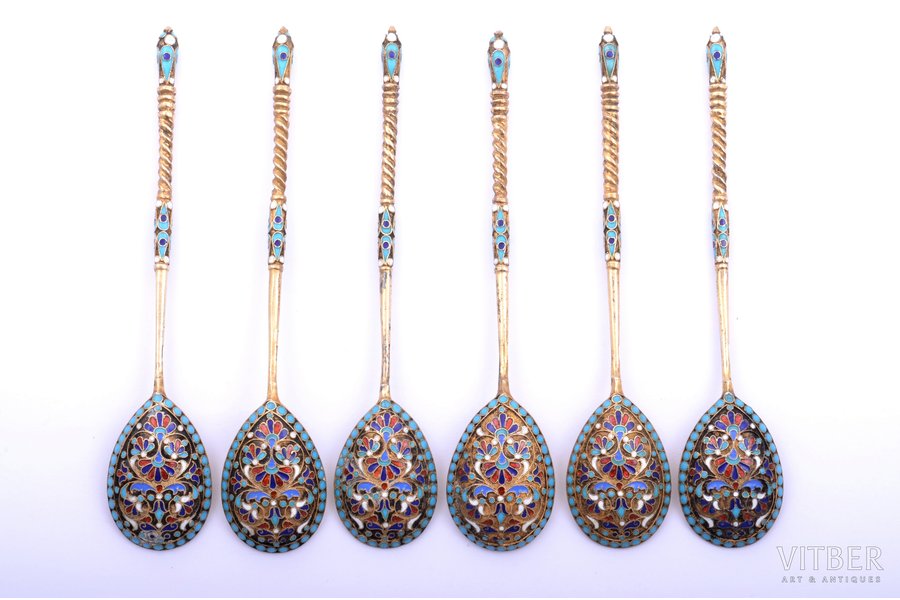 set of 6 teaspoons, silver, 84 standard, 129.70 g, cloisonne enamel, gilding, 14 cm, factory of Klingert Gustav Gustavovich, 1880-1890, Moscow, Russia