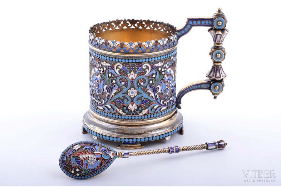 tea glass-holder with teaspoon, silver, 84, 88 standart, cloisonne enamel, gilding, 1893, total weight of items 308.45g, workshop of Alekseev Nikolay Vasilyevich, Moscow, Russia, h (glass holder with handle) 11 cm, Ø (inside) 7.3 cm, spoon 14.4 cm