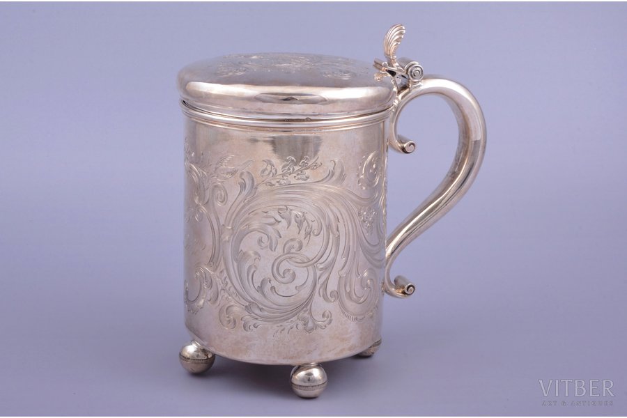 beer mug, silver, 84 standard, 557.25 g, engraving, 17.2 cm, by Tegelsten Carl Johann, 1852, St. Petersburg, Russia