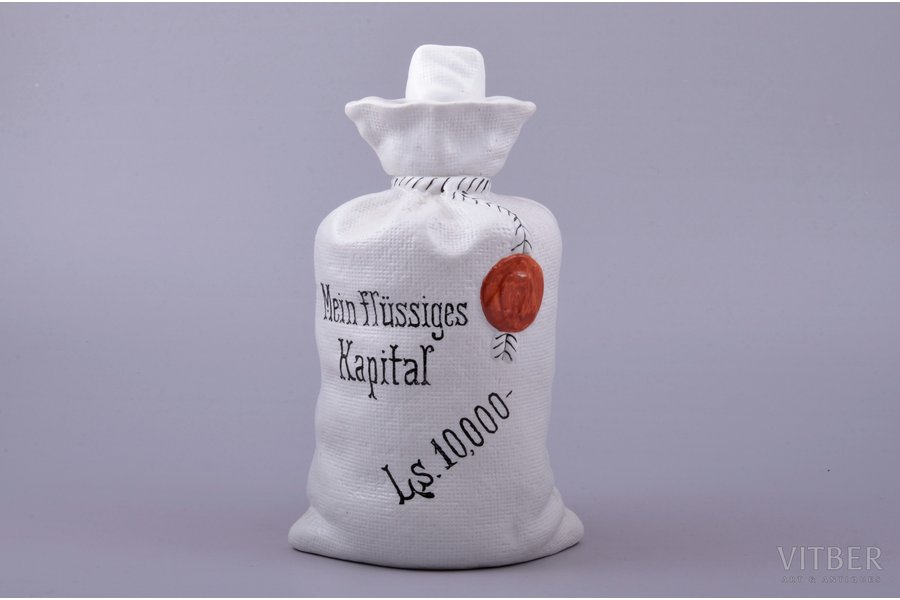 carafe, in the shape of money bag, "Mein flüssiges Kapital Ls 10.000", porcelain, signed painter's work, handpainted by Y.M. Trofimov, Riga (Latvia), the 20ties of 20th cent., h 20.4 cm