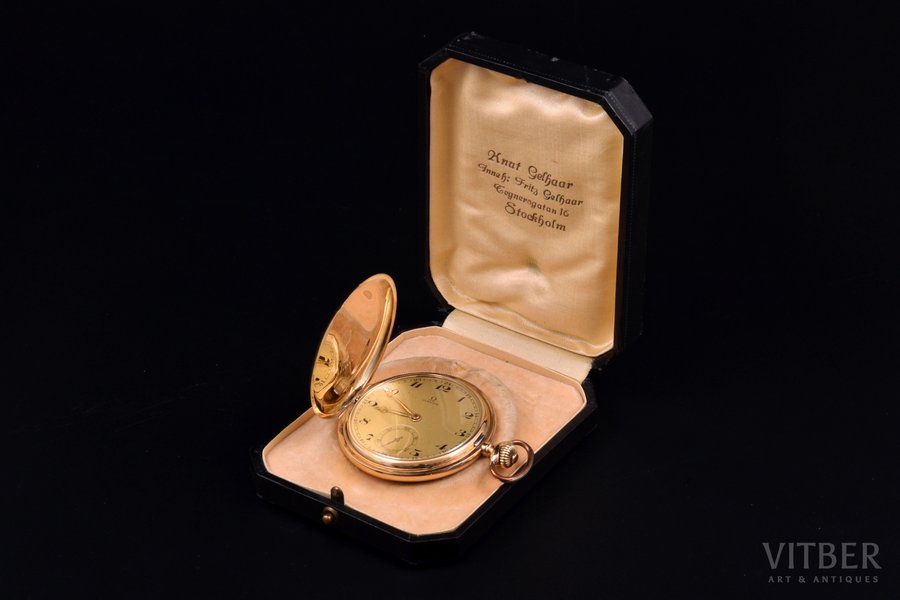 pocket watch, "Omega", Switzerland, gold, 585 standart, 94.16 g, 6.3 x 5.2 cm, Ø 52 mm, in a case, working well
