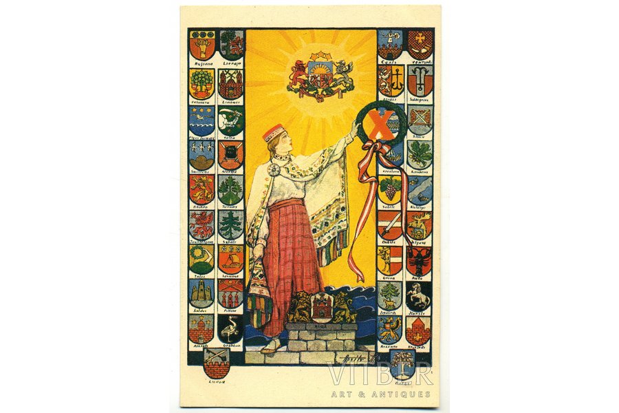 открытка, 10 лет Латвийскому государству, художник А. Апситс, Латвия, 20-30е годы 20-го века, 14x9 см