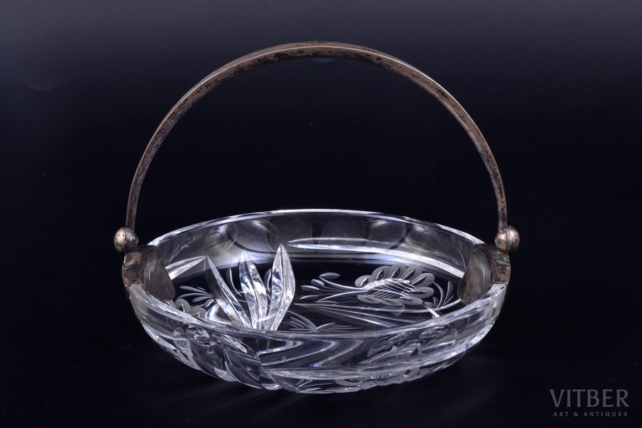 candy-bowl, silver, 875 standard, glass, Iļģuciems glass factory, Ø 15 cm, h (with handle) 12.3 cm, the 20-30ties of 20th cent., Latvia