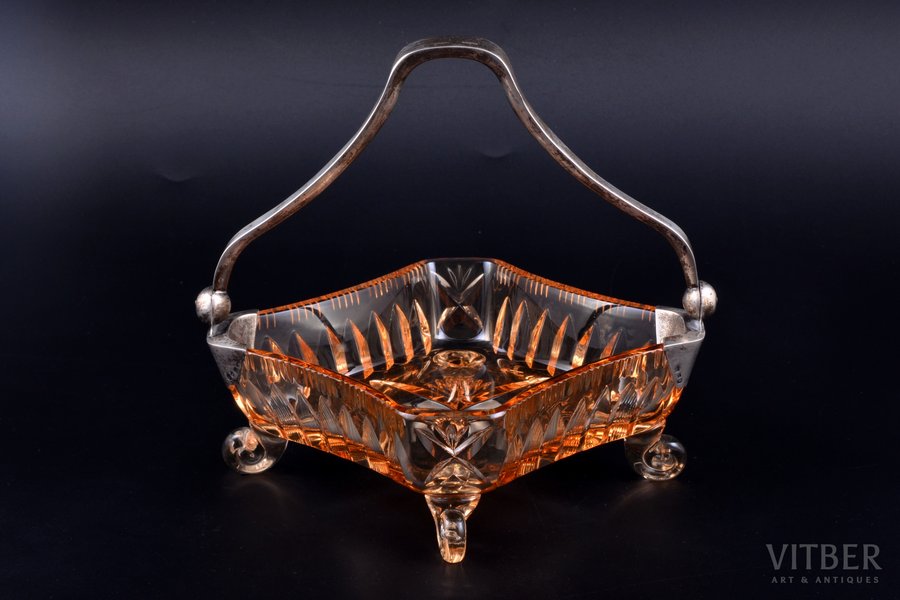 candy-bowl, silver, 875 standard, glass, Iļģuciems glass factory, 19 x 18.7 cm, h (with handle) 17.4 cm, the 20-30ties of 20th cent., Latvia