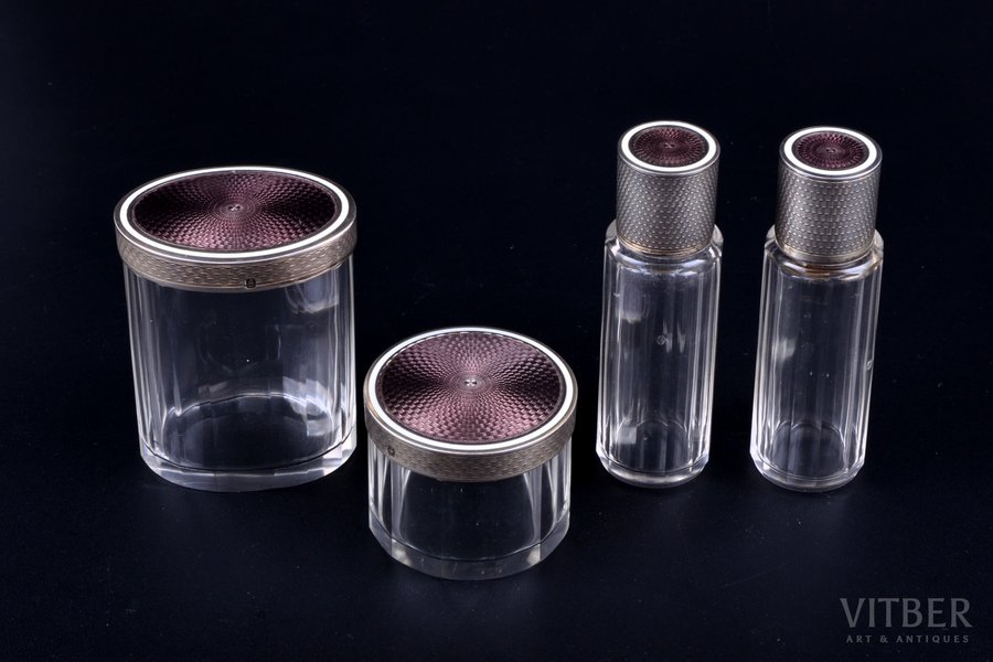 perfume set of 4 items, silver, 950 standart, enamel, gilding, glass, total weight of silver lids 74.60g, France, h 8.2 / 6.5 / 3.7 cm, one jar with small chip at the edge