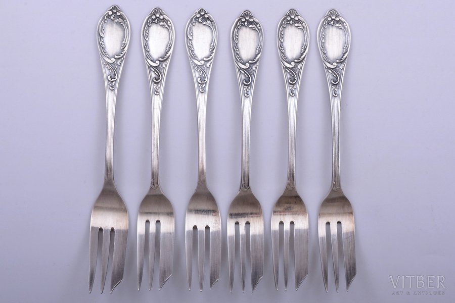 set of 6 dessert forks, silver, 875 standard, 171.70 g, 14.9 cm, by Julijs Blums, the 30ties of 20th cent., Latvia