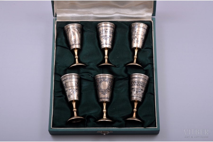 set of 6 small glasses, silver, 875 standard, 206.35 g, niello enamel, gilding, h 8.2 cm, the artistic plant of Kubachinsk, 1966, USSR, in a box