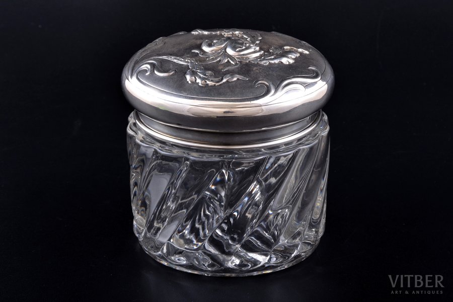 case, silver, 950 standard, weight of silver lid 64.65, gilding, glass, Ø 9.4 cm, h 9.7 cm, France