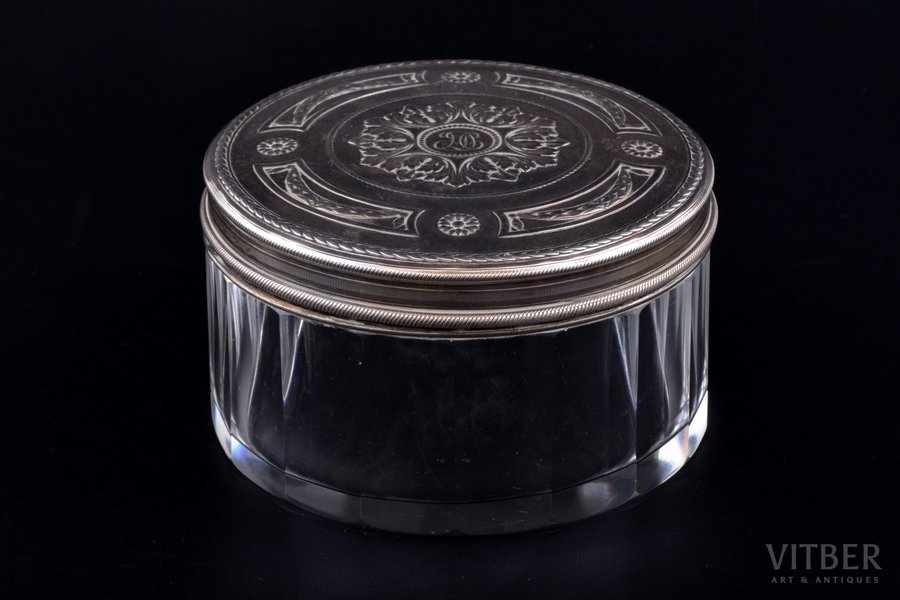 case, silver, 950 standard, weight of silver lid 82.80, glass, Ø 10.6 cm, h 6.3 cm, France
