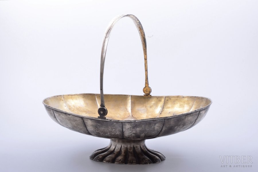 fruit dish, silver, 84 standard, 689.80 g, gilding, 31.8 x 24.1 cm, h (with handle) 26.5 cm, by Mikhail Shein, 1871, Moscow, Russia