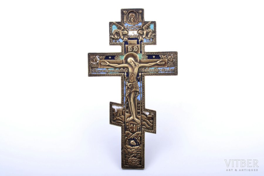 cross, The Crucifixion of Christ, copper alloy, 4-color enamel, Russia, the border of the 19th and the 20th centuries, 25.5 x 14.3 x 0.5 cm, 418.30 g., with signature "АГ"