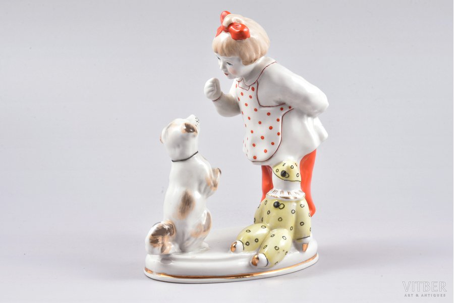 figurine, Girl with a dog, porcelain, Riga (Latvia), USSR, Riga porcelain factory, molder - S. Bolzan-Golumbovskaja, 1968-1980, 14.7 cm, first grade