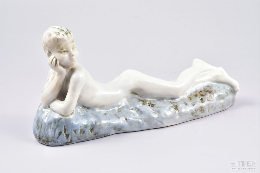 figurine, Sunbathe boy, porcelain, Riga (Latvia), USSR, sculpture's work, molder - T. Berent, 9x20 cm, restoration of the right foot