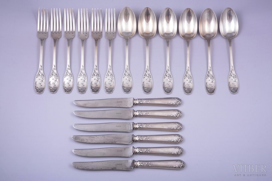 flatware set, silver, 6 forks, 6 spoons, 6 knives (metal/silver), 950 standard, total weight of 6 silver spoons + 6 silver forks = 1000, 25 / 21.9 / 21.7 cm, France