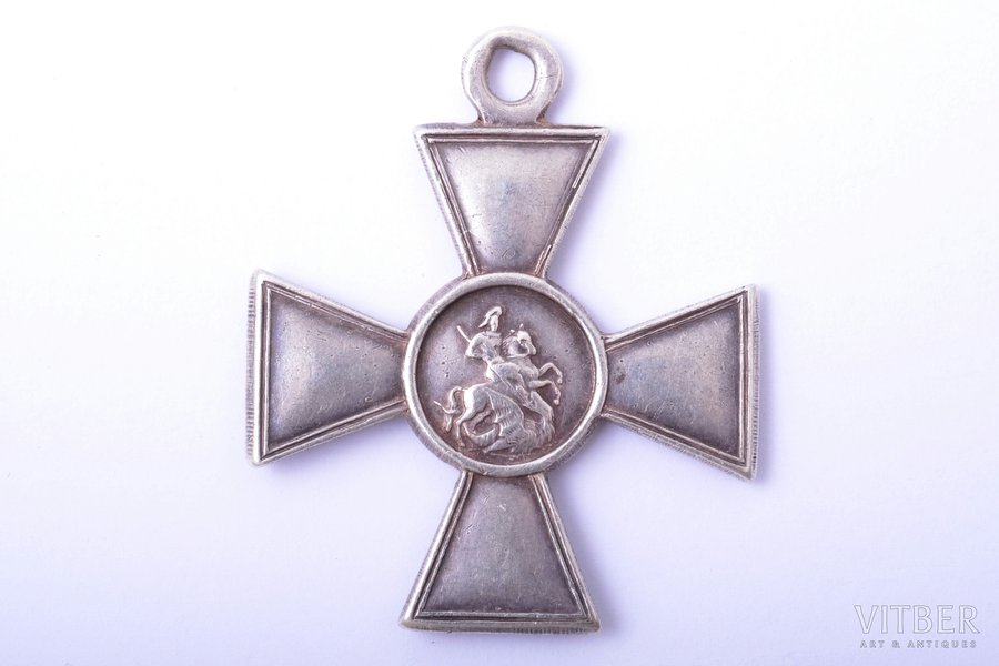 badge, Cross of St. George, № 527245, awarded to Simushis Anton Adamovich, corporal of 496th infantry Vilkomir regiment. For the fact that 04/20/1916., volunteering to conduct reconnaissance on the enemy bank of the river Zapadnaya Dvina, with a clear danger to life, headed for coast on a boat, and, being from the coast at a distance of no more than 150-200 steps, being under cross-fire of the gun and machine-gun of the enemy, discovered the location of enemy machine guns, 4th class, silver, Russia, 41 x 34.4 mm, 10.07 g