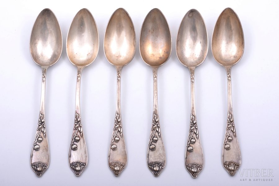 set of 6 soup spoons, silver, "Poppies", art nouveau, 84 standard, 444 g, 22.7 cm, H. Bank's workshop, 1896-1907, Latvia, Russia