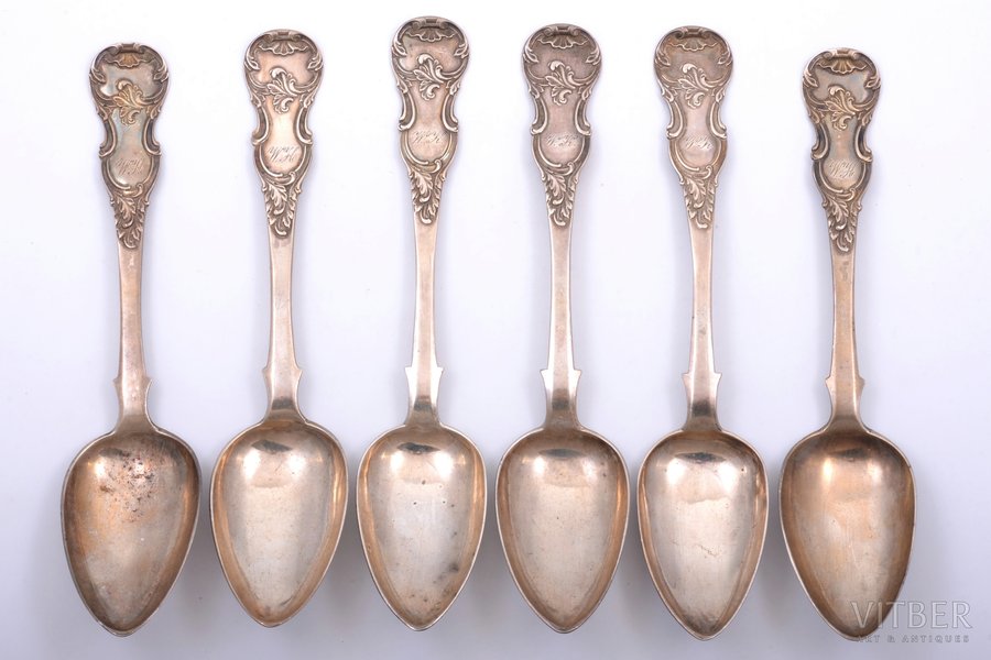 set of 6 soup spoons, silver, 84 standard, 399.35 g, 22.6 cm, by Johann Heinrich Emke, Riga, Russia