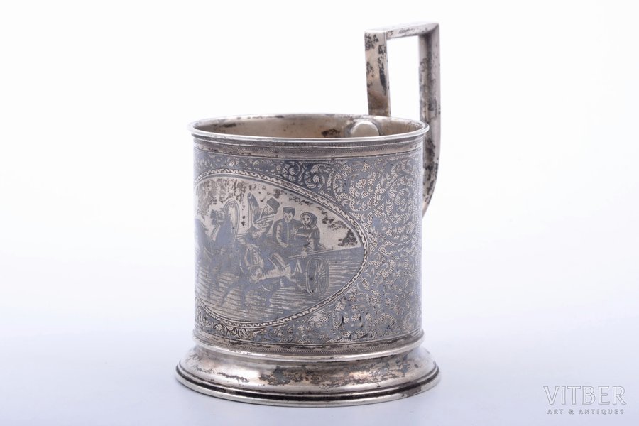 tea glass-holder, silver, "Troika", 84 standard, 114.60 g, niello enamel, h (with handle) 10.4 cm, Ø (inside) 6.7 cm, Kazakov Semyon, 1908-1917, Moscow, Russia, soldering of the handle