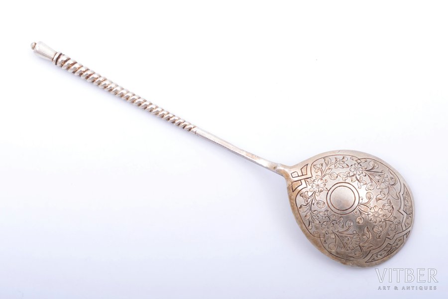 spoon, silver, 84 standard, 56.05 g, engraving, gilding, 20.1 cm, Russia