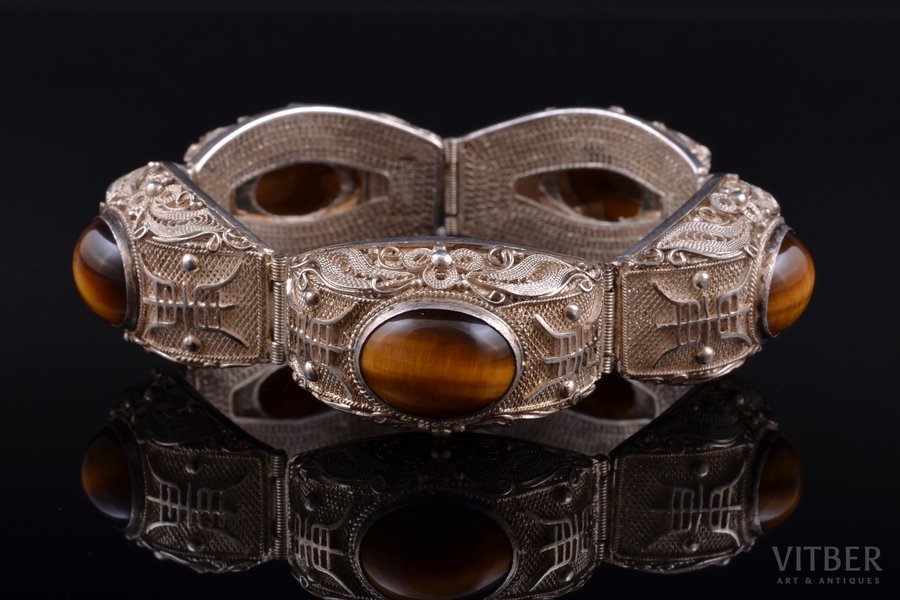 a bracelet, silver, 925 standard, 51.36 g., tiger's eye, China, bracelet lenghth 17.7, stone size 1.1 x 1.5 cm