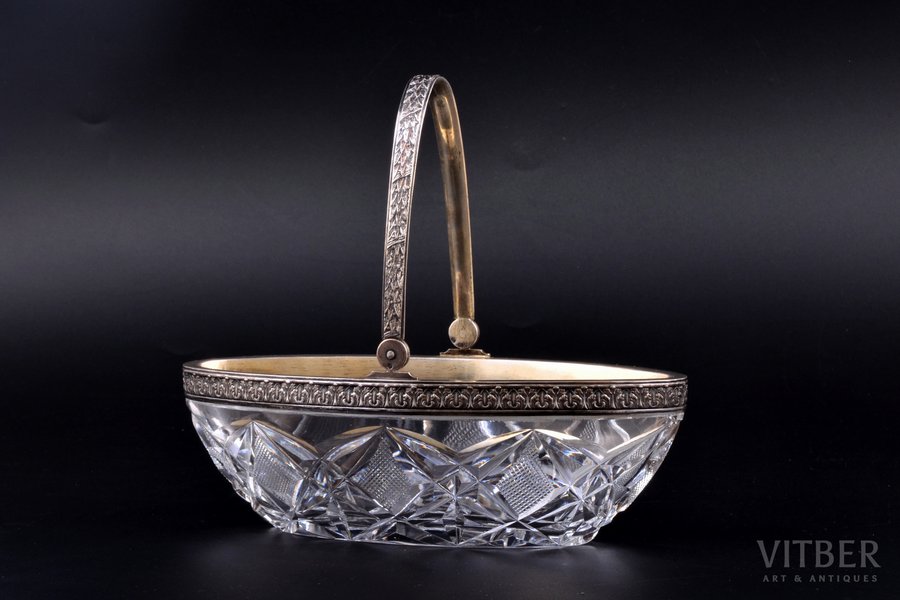 candy-bowl, silver, 84 standard, gilding, crystal, 20.3 x 9 cm, h (with handle) 17.4 cm, 1908-1917, Moscow, Russia, traces of everyday use