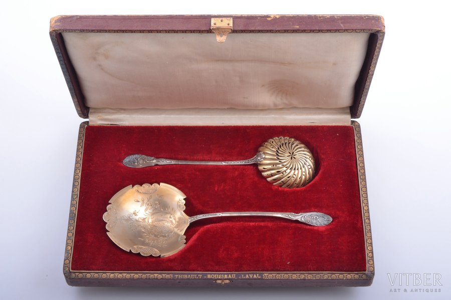 set of 2 flatware items, silver, 950 standard, 86.90 g, engraving, gilding, 21.5 / 19 cm, France, in a box